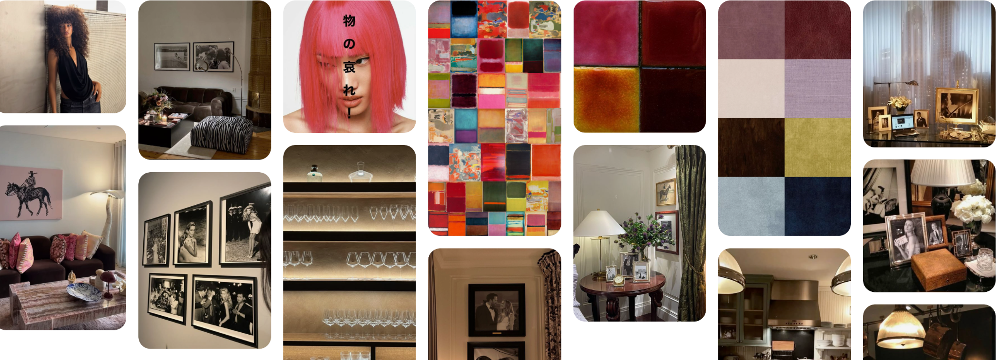 Moodboard med samlet interiør, kunst og fargeprøver